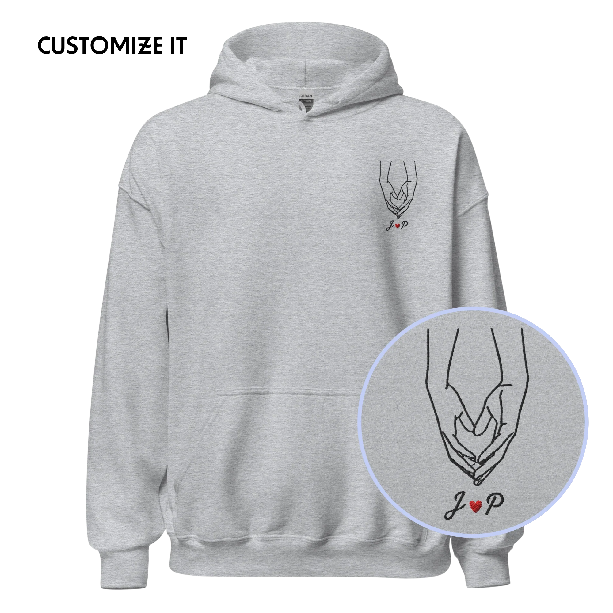 CUSTOM Couple Initials Embroidered Hoodie - Heart Hands