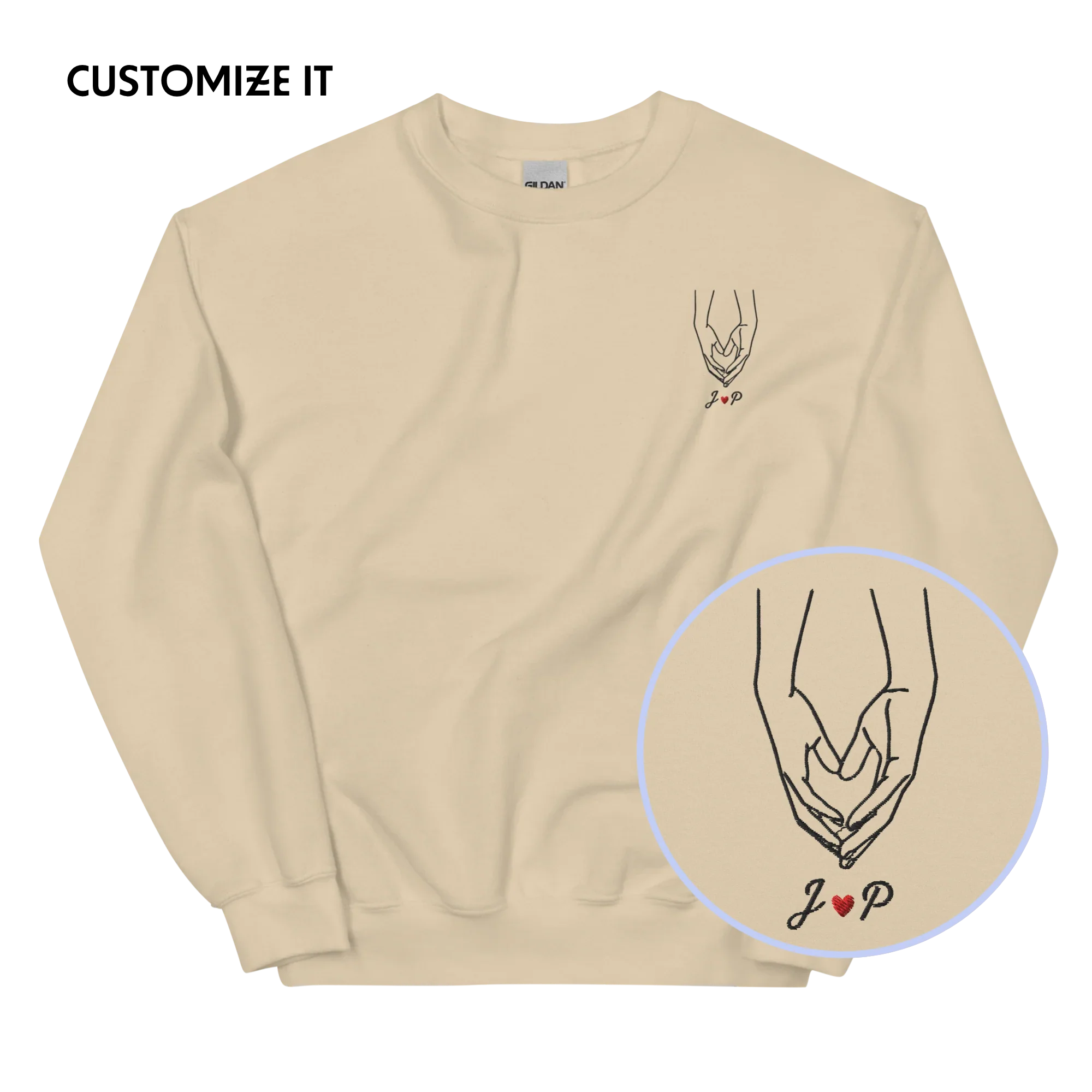 CUSTOM Couple Initials Embroidered Sweatshirt - Heart Hands
