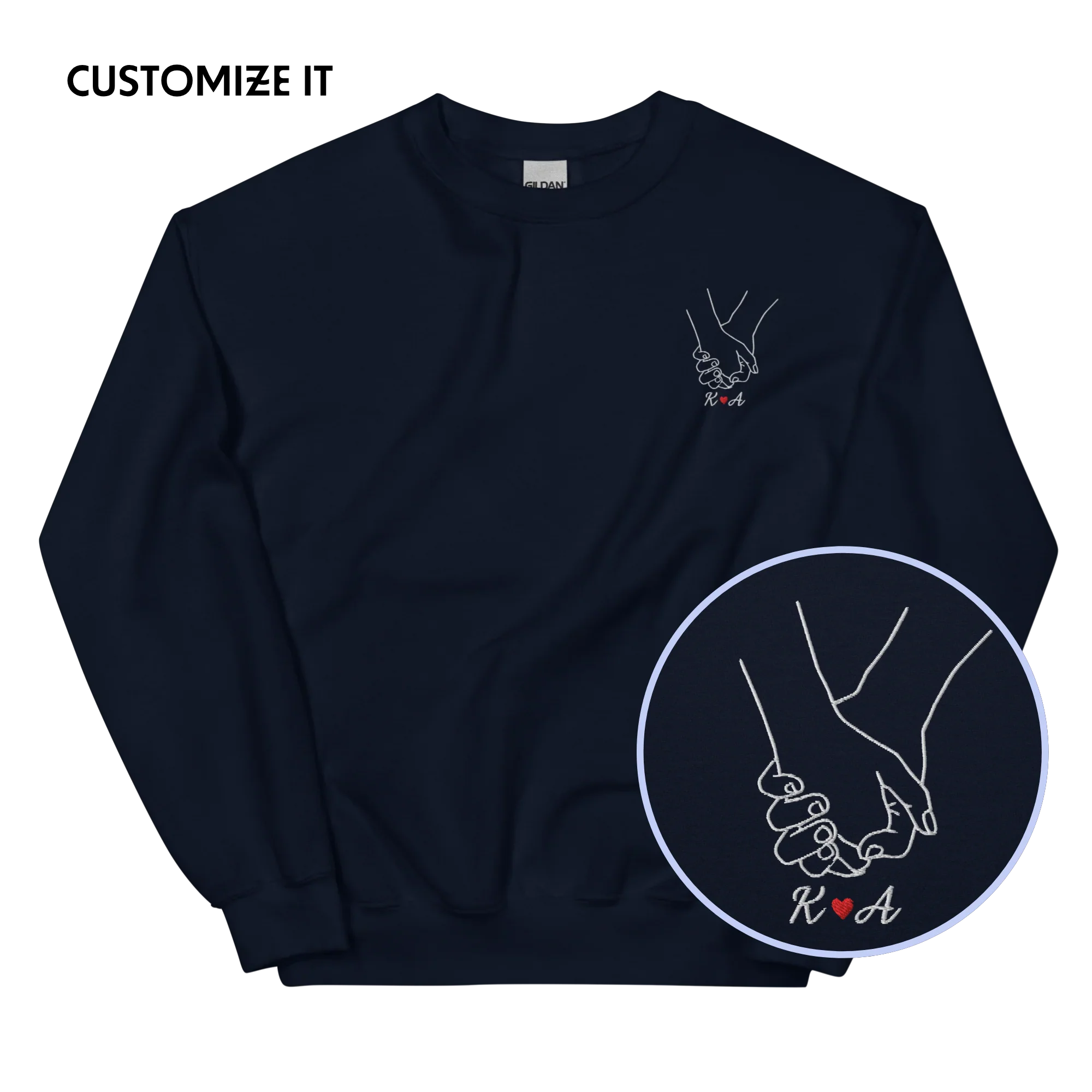 CUSTOM Couple Initials Embroidered Sweatshirt - Holding Hands