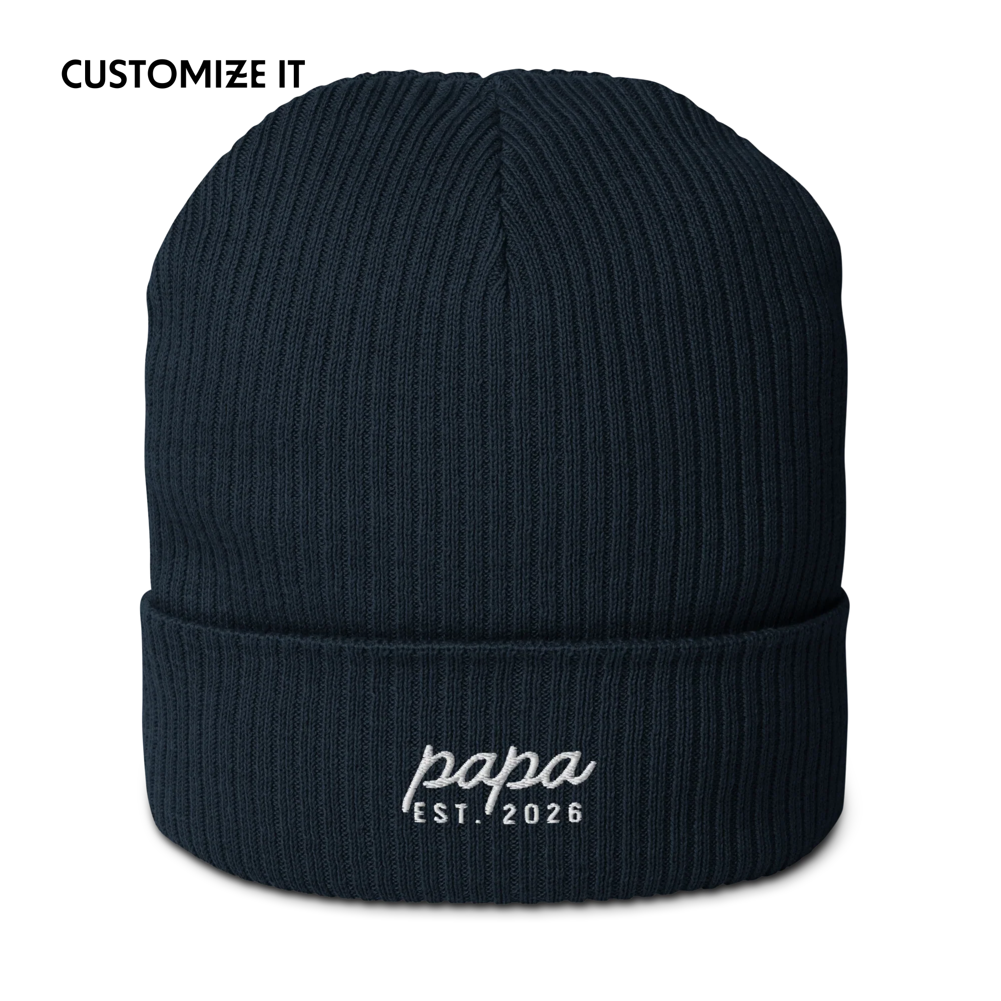 CUSTOM Papa Year Embroidered Organic Ribbed Beanie