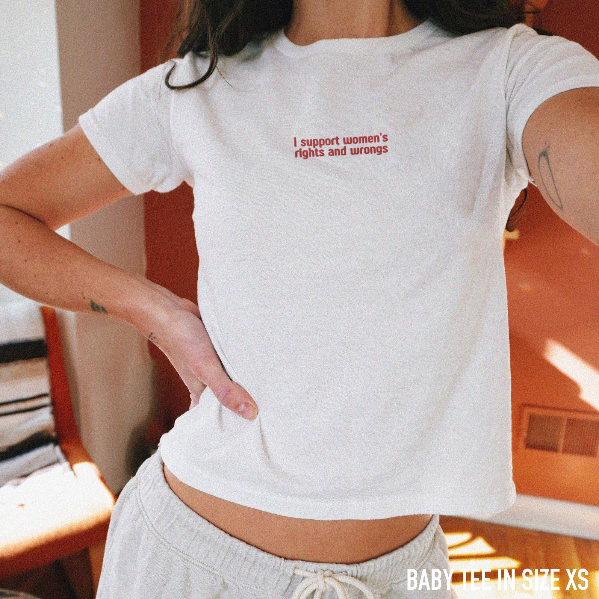 I Support Women's Rights and Wrongs Embroidered Baby Tee - Image 2