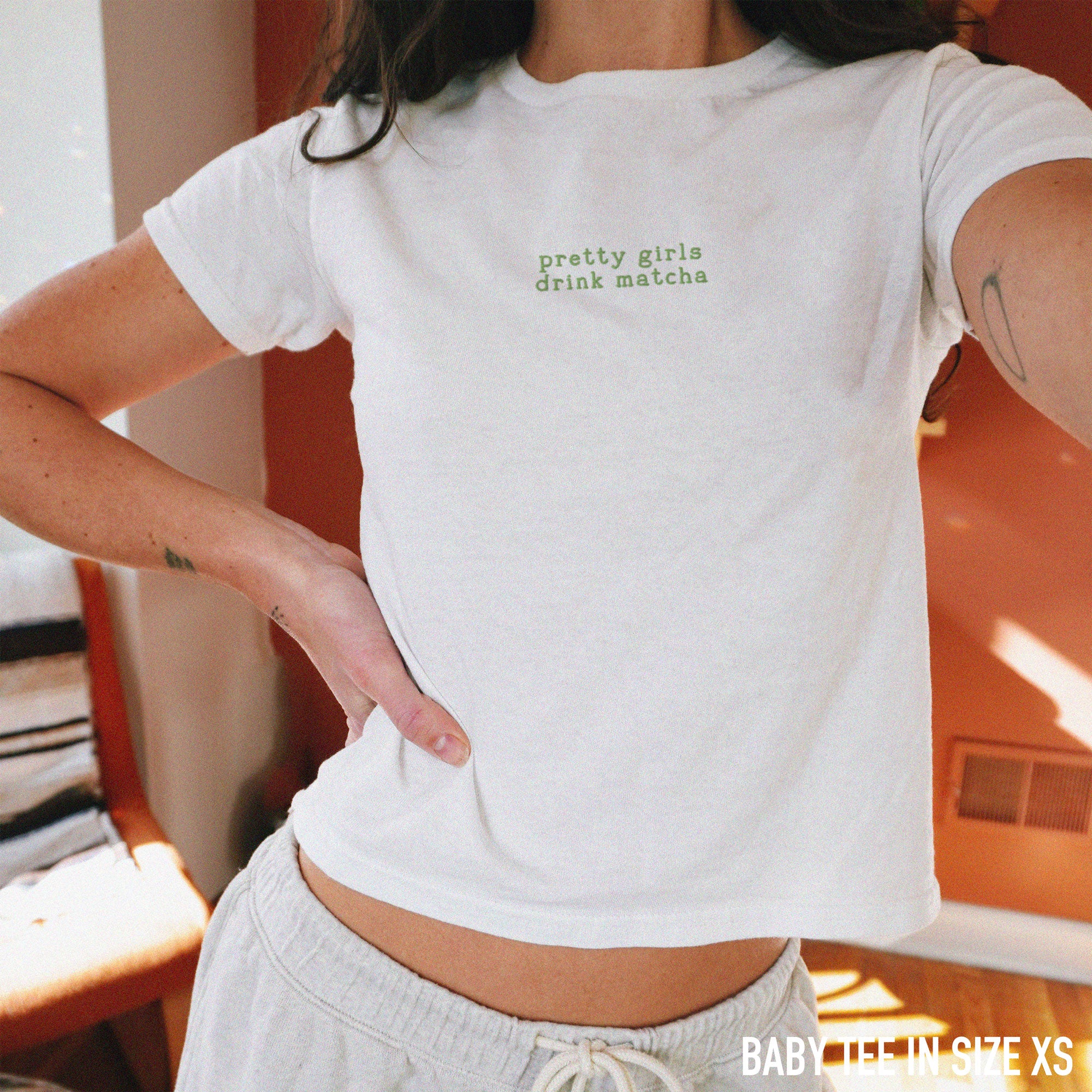 Pretty Girls Drink Matcha Embroidered Baby Tee - Image 2