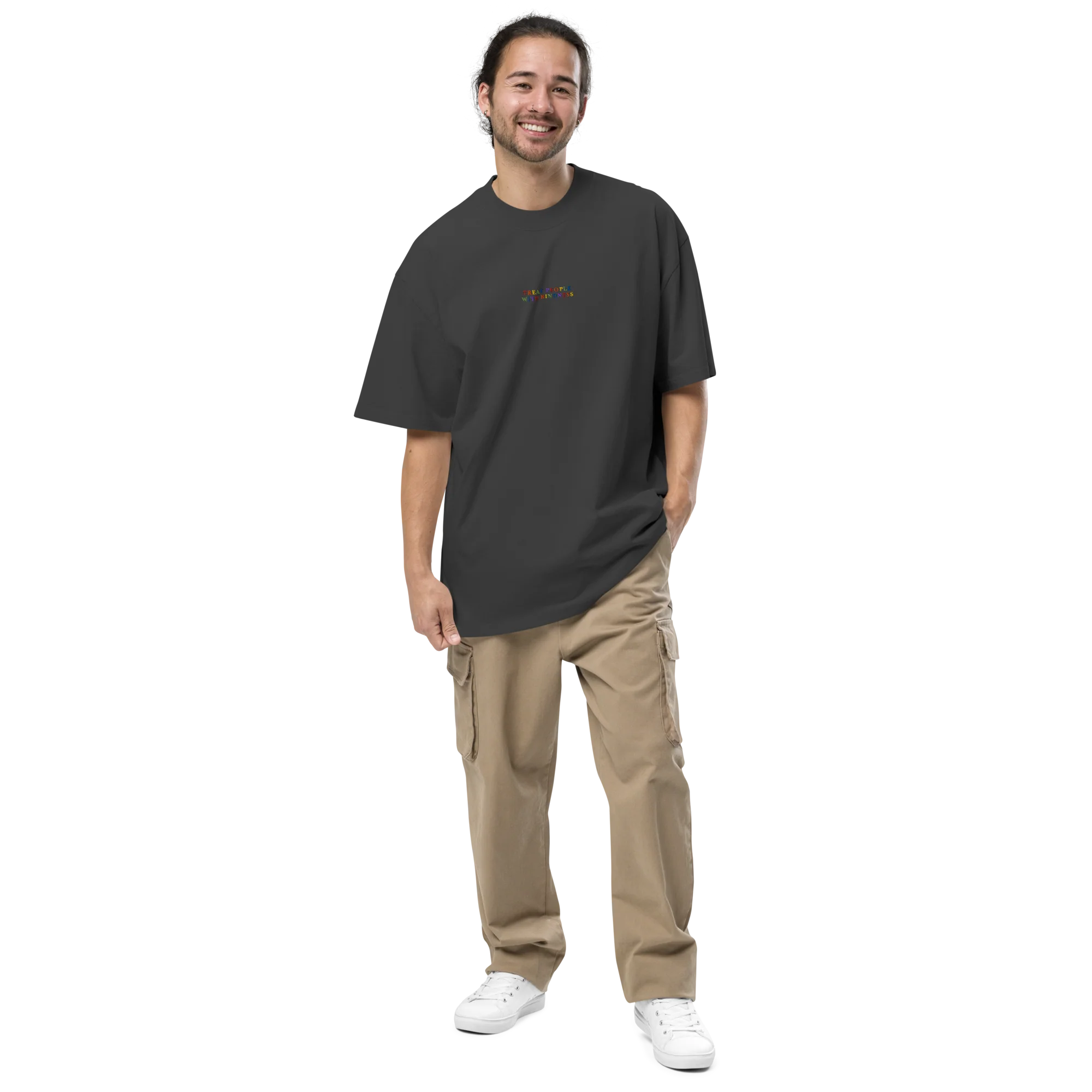 Treat People With Kindness Rainbow Embroidered Oversized Faded T-Shirt - Image 6